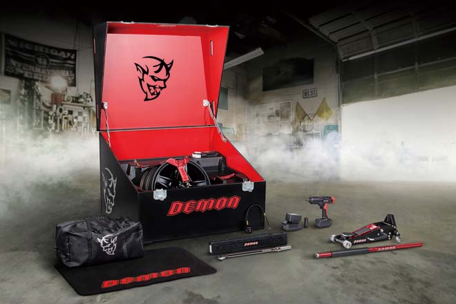 The Demon Crate delivers what customers need to take the 2018 Dodge Challenger SRT Demon from the street to the drag strip and back again. This is a special, limited-production set of tools for the Dodge Challenger SRT Demon that offers a street-to-track transformation experience as exclusive as the car itself.